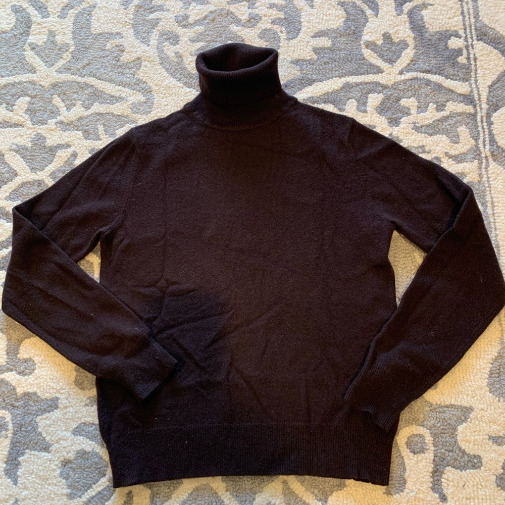 Cashmere turtleneck sweater, dark chocolate brown; soft and lightweight.